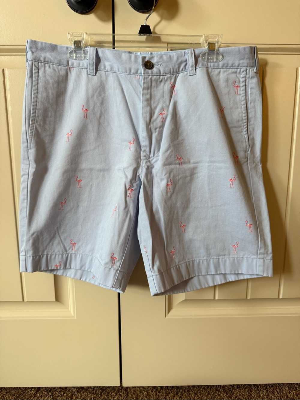 J. Crew Light Blue Shorts with Pink Flamingo Embroidery